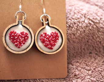 Hand Embroidered Earrings - Fun Heart Earrings for Valentines Day - French Knot - Festive Dangle Earrings - Unique Earrings - Embroidery Art