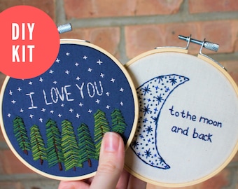 DIY Kit - I love you to the moon and back DIY embroidery - Embroidery Kit with Instructions - Embroidery for beginners DIY kit