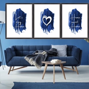 Home Sweet Home Print, Navy Prints, Navy and White, Home Print Set, Set of 3 Prints, Lets Stay Home, Navy Wall Art, Trio of Prints, digital