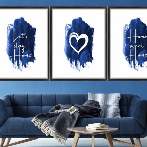 Navy and Silver Wall Art Print Set of 3 Unframed Together Etsy UK