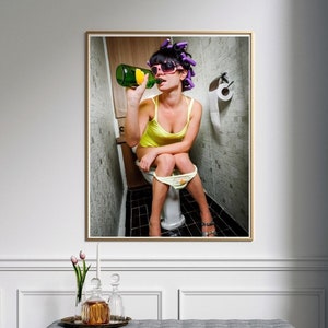 Girl on Toilet Print, Woman drinking on toilet,  Girl drinking on toilet, Wall Print, Unframed, Poster, Home Decor, Fashion Print