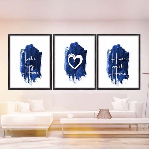 Navy Blue Wall Art, Navy Prints, Navy and White, Home Print Set, Set of 3 Prints, Lets Stay Home, Home Sweet Home, Trio of Prints