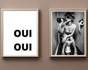 Black and White Print, Oui Oui Poster, Oui Oui Print, Girl on toilet, French Print, Bathroom Wall Art, French Wall Art