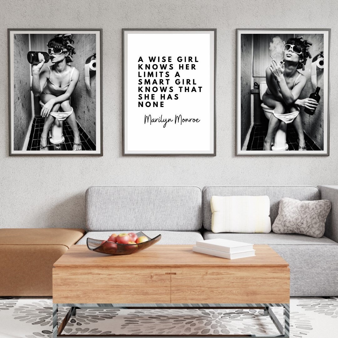 Black and White Bathroom Print, Girl on Toilet, Set of 3 Prints