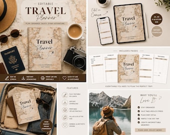 Editable Travel Planner Canva Template  | Trip Planner, Itinerary Organizer, Packing List Printable Digital Travel Planner