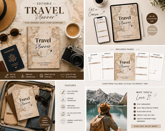 Editable Travel Planner Canva Template  | Trip Planner, Itinerary Organizer, Packing List Printable Digital Travel Planner