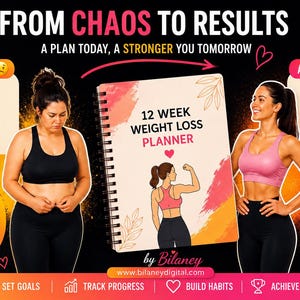 Peut inclure: Graphique promotionnel avec le texte "From Chaos to Results" et "12 Week Weight Loss Planner". L'image montre une comparaison avant-après d'une femme, ainsi que les étapes clés de la perte de poids.