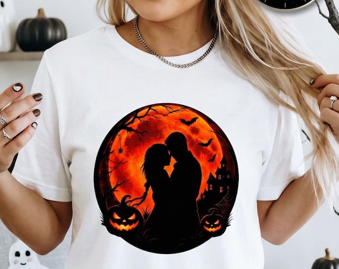 Vintage Halloween Couple Silhouette T-Shirt: Orange Full Moon, Goth Romance, Spooky Lover Gift, Grunge Art Print Tee