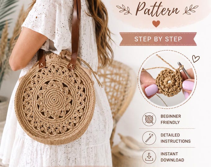 Crochet Shoulder Bag Pattern PDF | Round Raffia Bag Tutorial | Boho Summer Tote | DIY Crochet Purse | Instant Download