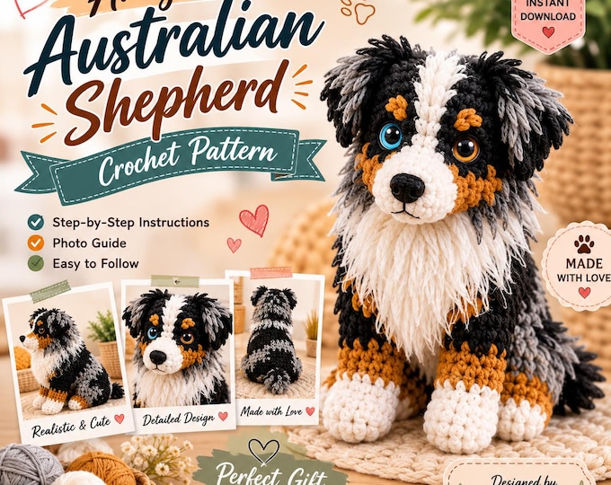 Amigurumi Australian Shepherd Crochet Pattern PDF – Realistic Dog Toy DIY (Instant Download)