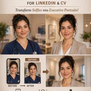 May include: Promotional image for AI Professional Headshot Prompts for LinkedIn & CV. The image shows a woman in a before and after transformation, with text that reads "Transform Selfies into Executive Portraits!" and "Digital Download."