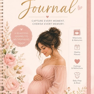 Peut inclure: Un journal de grossesse à spirales avec le titre "Pregnancy Journal" en lettres dorées. La couverture présente une illustration d'une personne enceinte en robe rose, entourée de fleurs. Texte : "Capture Every Moment. Cherish Every Memory."