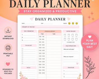 Daily Planner Printable PDF | Aesthetic Productivity Planner | To Do List, Schedule, Gratitude Journal | Minimal Pink Orange Planner