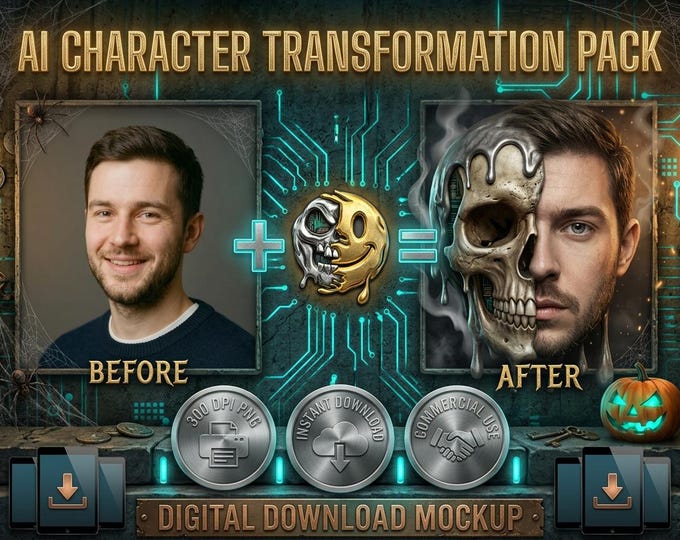 AI Halloween Character Transformation Pack, Digital Photo Editing Prompts, DIY Half Skull Portrait Mockup, Spooky Custom Portrait Guide PNG
