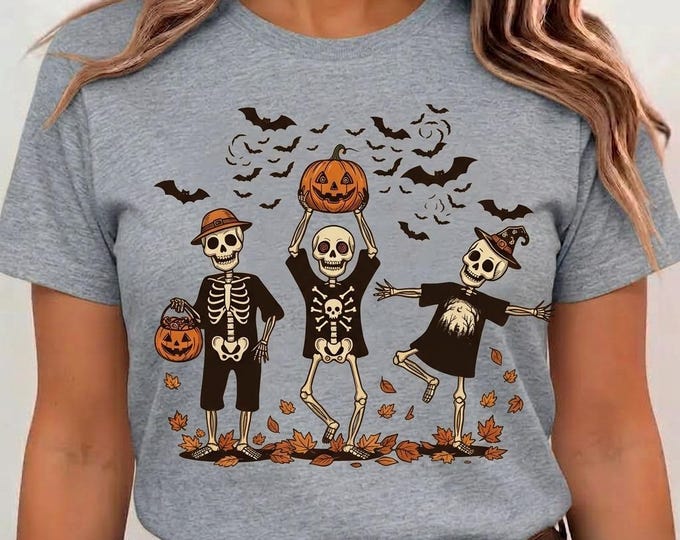 Cute Dancing Skeleton and Pumpkin PNG, Spooky Vibes Halloween Shirt Design, Vintage Fall Sublimation Graphic