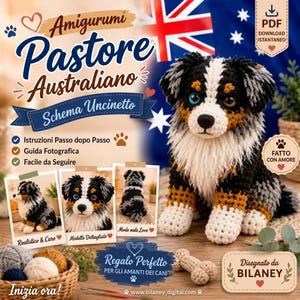 Può includere: Uno schema all'uncinetto per un cane Pastore Australiano. L'immagine mostra un cane amigurumi finito nei colori nero, bianco e marrone con un occhio blu e uno marrone, insieme a tre piccole foto del giocattolo e un osso realizzato all'uncinetto.