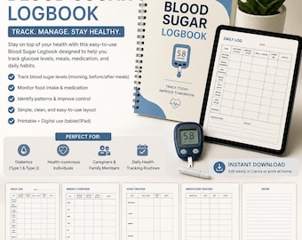 Blood Sugar Logbook Printable | Diabetes Tracker | Glucose Monitoring Planner | Health Tracker PDF