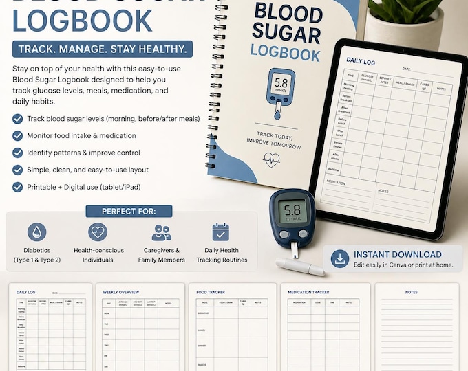 Blood Sugar Logbook Printable | Diabetes Tracker | Glucose Monitoring Planner | Health Tracker PDF