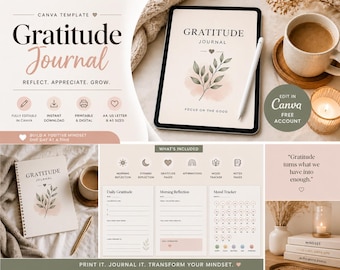 Gratitude Journal Canva | Build a Positive Mindset & Daily Self Care Routine