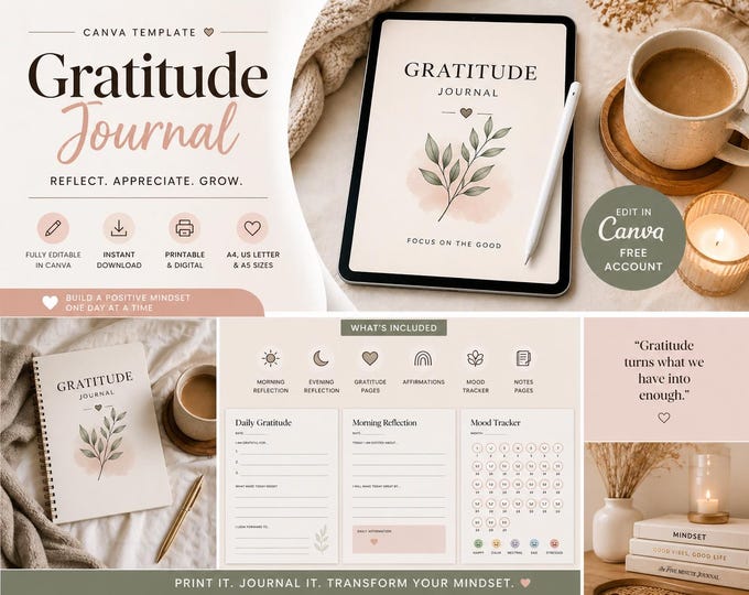 Gratitude Journal Canva | Build a Positive Mindset & Daily Self Care Routine