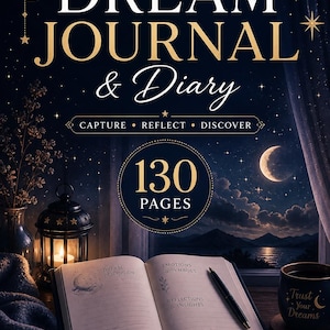 Peut inclure: Un journal et un agenda de rêves avec le titre "DREAM JOURNAL & Diary" en lettres dorées. Le journal est ouvert sur une page avec les mots "EMOTIONS & SYMBOLS" et "REFLECTIONS & INSIGHTS". Un stylo repose sur les pages ouvertes. Le journal a 130 pages.