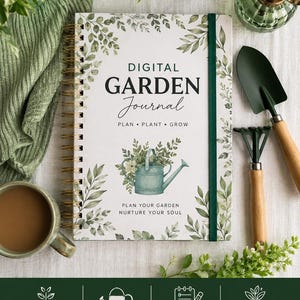 Peut inclure: Un journal de jardin numérique à reliure spirale avec une couverture blanche ornée de feuilles vertes, un dessin d'arrosoir et le texte "DIGITAL GARDEN JOURNAL PLAN PLANT GROW". La partie inférieure présente des icônes pour planifier, suivre, organiser et cultiver.