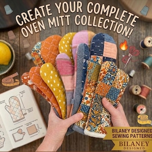 Op de afbeelding: Een verzameling kleurrijke ovenwanten in verschillende patronen en texturen, bij elkaar gehouden. De afbeelding bevat de tekst "CREATE YOUR COMPLETE OVEN MITT COLLECTION!" en "BILANEY DESIGNED SEWING PATTERNS".