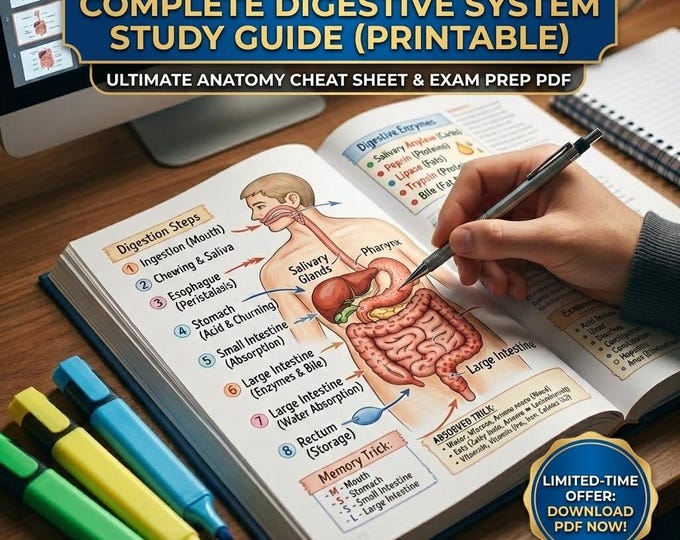 Featured listing image: Digestive System Study Guide | Digestive System Anatomy Notes for Students | Nursing & Biology Revision PDF