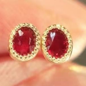 Natural Ruby Stud Earrings: 18K Gold Antique Style Dainty Piercings July Birthstone Gift