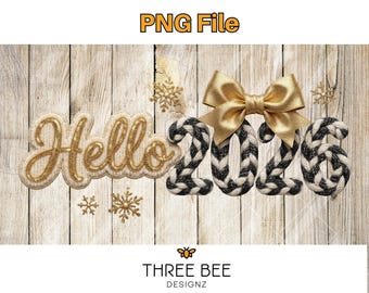 Hello 2026 PNG ヒョウ柄グリッター | 新年昇華デザイン | シャツ、タンブラー、ステッカー用のゴールドリボンクリップアート | デジタルダウンロード