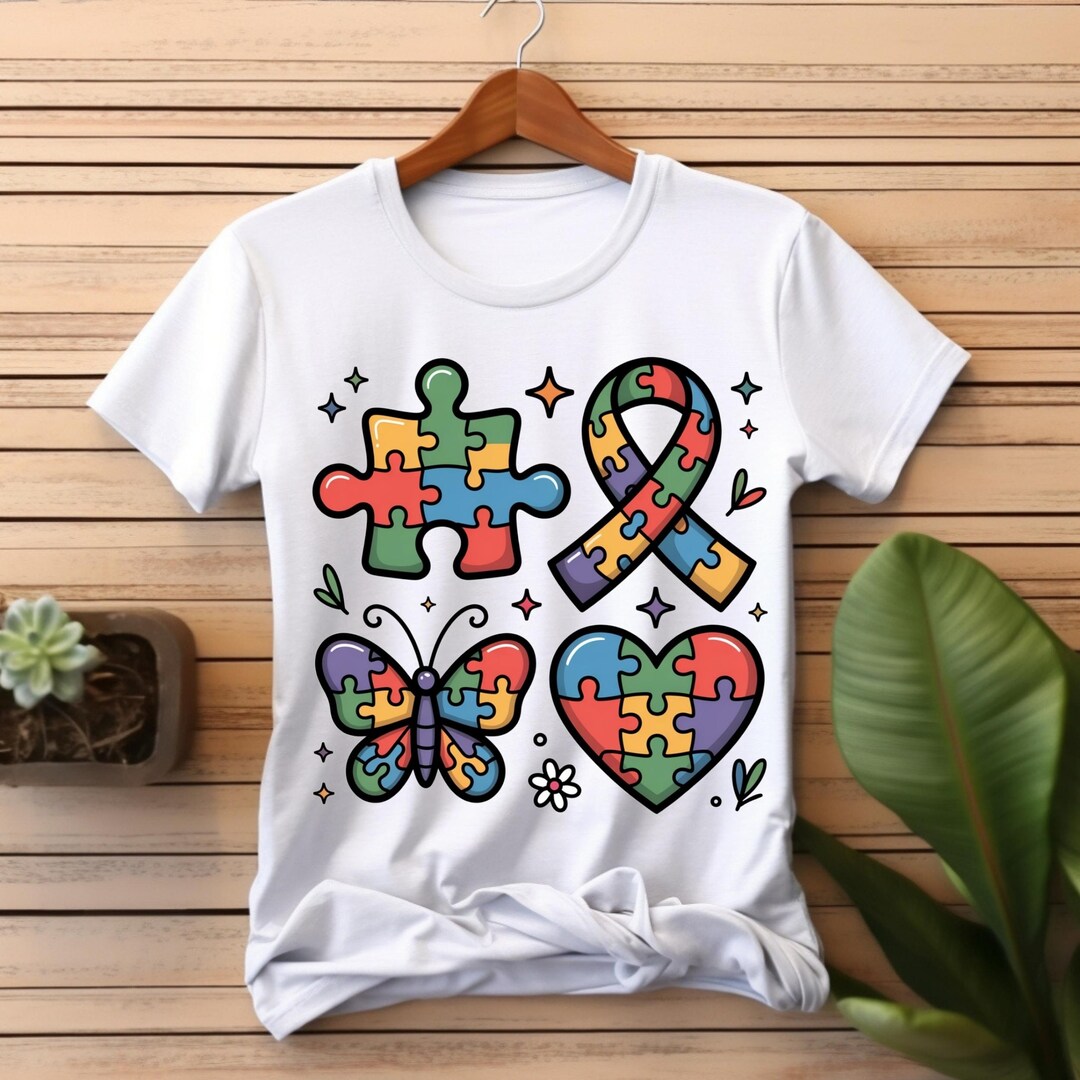 Autism Awareness PNG Bundle Puzzle Pieces Ribbon Butterfly Heart, DTF ...