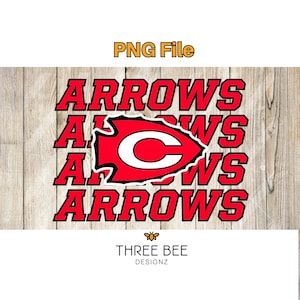 May include: A red and white graphic with the word "ARROWS" repeated four times. A red arrowhead with a white "C" is in the center. The words "PNG File" are at the top, and "THREE BEE DESIGNZ" is at the bottom.