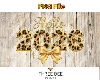 Hello 2026 PNG ヒョウ柄グリッター | 新年昇華デザイン | シャツ、タンブラー、ステッカー用のゴールドリボンクリップアート | デジタルダウンロード