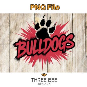 Diseño de transferencia PNG y DTF de mascota Bulldogs / Gráfico de sublimación de espíritu escolar / Clipart de orgullo de equipo con huella de pata roja y negra