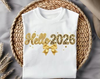 Hello 2026 PNG ヒョウ柄グリッター | 新年昇華デザイン | シャツ、タンブラー、ステッカー用のゴールドリボンクリップアート | デジタルダウンロード