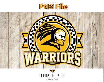 オークグローブ・ウォリアーズ PNG、ミシシッピ州スクールスピリットデザイン、イエローブラックウォリアーマスコット、DTF昇華スポーツチームデジタルダウンロード