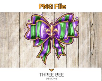 Mardi Gras Fleur-de-Lis Bow – Purple, Green & Gold (PNG File)