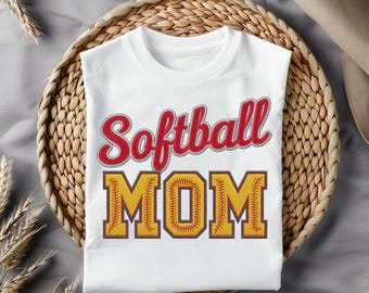 Softball Mom Embroidery Patch PNG | Red & Gold Lettering (Digital Download)