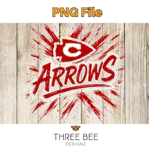 May include: A digital design featuring the text "PNG File" in orange at the top. The design includes a red and white logo with the word "Arrows" in red, set against a wooden background. The Three Bee Designz logo is at the bottom.