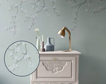 Dollhouse Wallpaper, Miniature Pale Blue Green Chinoiserie Floral Branch, 1:12, Peel & Stick or Premium Matte