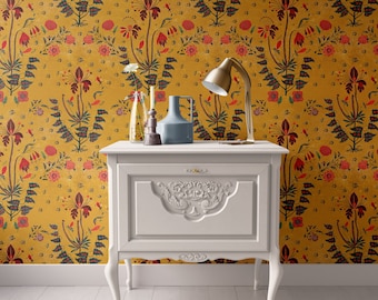 Papel pintado de casa de muñecas, Floral dorado azafrán en miniatura, 1:12; Peel & Stick o Mate Premium
