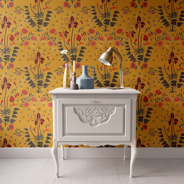 Dollhouse Wallpaper, Miniature  Saffron Gold Floral, 1:12; Peel & Stick or Premium Matte