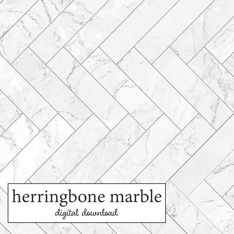 May include: White marble tiles arranged in a herringbone pattern. The image includes the text "herringbone marble digital download".
