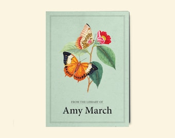 Personalized Bookplate, Ex Libris - Great Gift for Book Lovers - Green Vintage Butterfly
