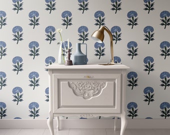 Dollhouse Wallpaper Blue Block Print Floral - Medium Print Peel and Stick or Premium Matte