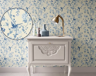 Dollhouse Wallpaper, Miniature Cream Blue Bird Chinoiserie , 1:12, Peel & Stick or Premium Matte