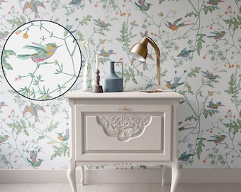 Dollhouse Wallpaper Miniature  Floral with Birds White, 1:12; Peel and Stick or Premium Matte