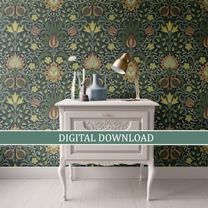 Dollhouse Wallpaper Digital Download Printable, Miniature 1:12; Victorian Green Study William Morris Inspired Pattern