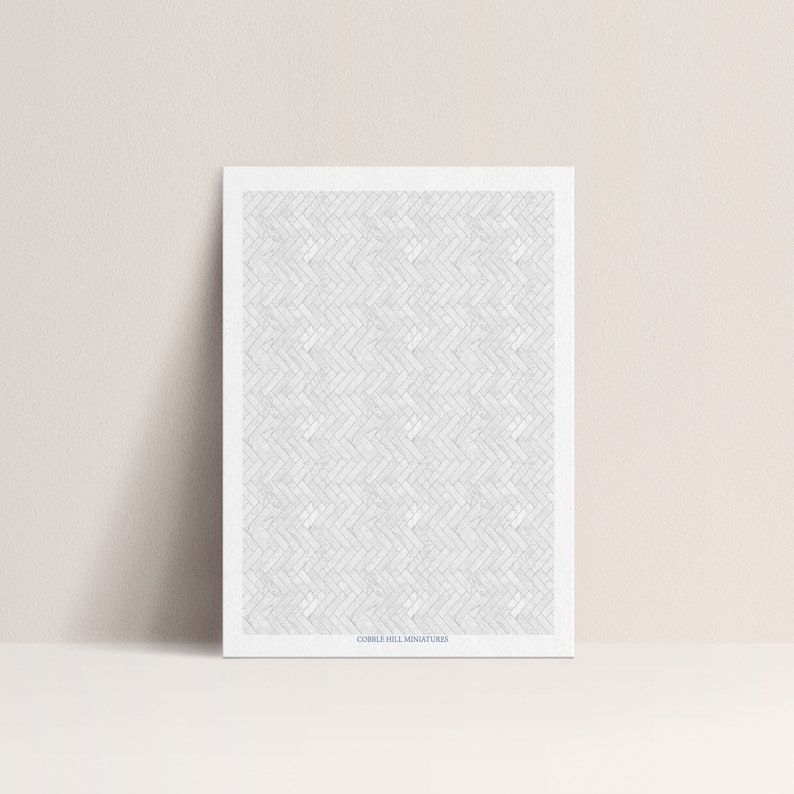 May include: A printable sheet of paper with a white and gray herringbone pattern. The paper is labeled "Cobble Hill Miniatures".