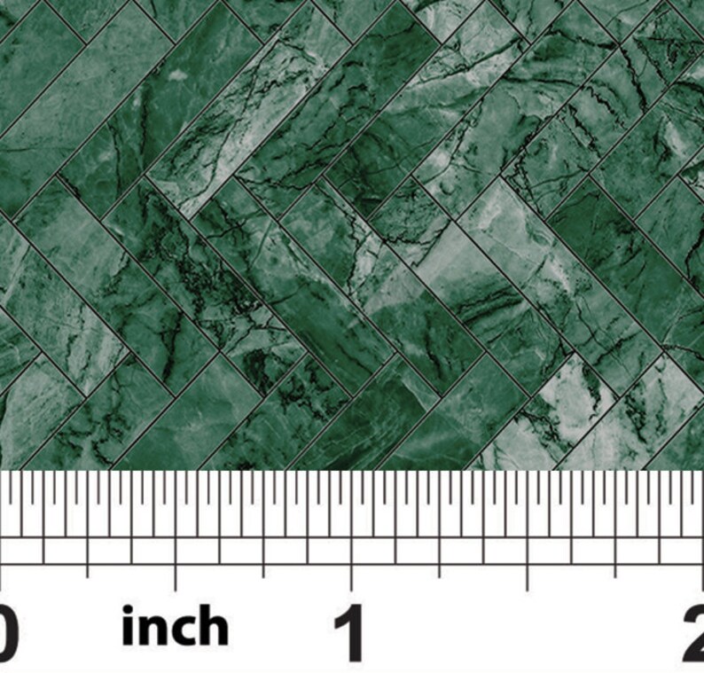 May include: Green marble tile pattern with a herringbone design. The tile is 1 inch wide.